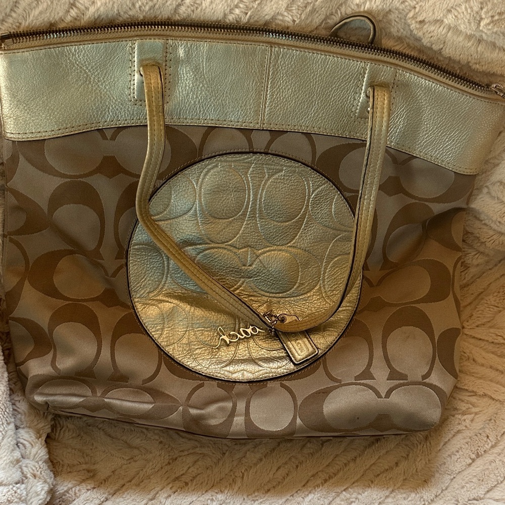 Coach Metallic Gold and Tan Signature Tote